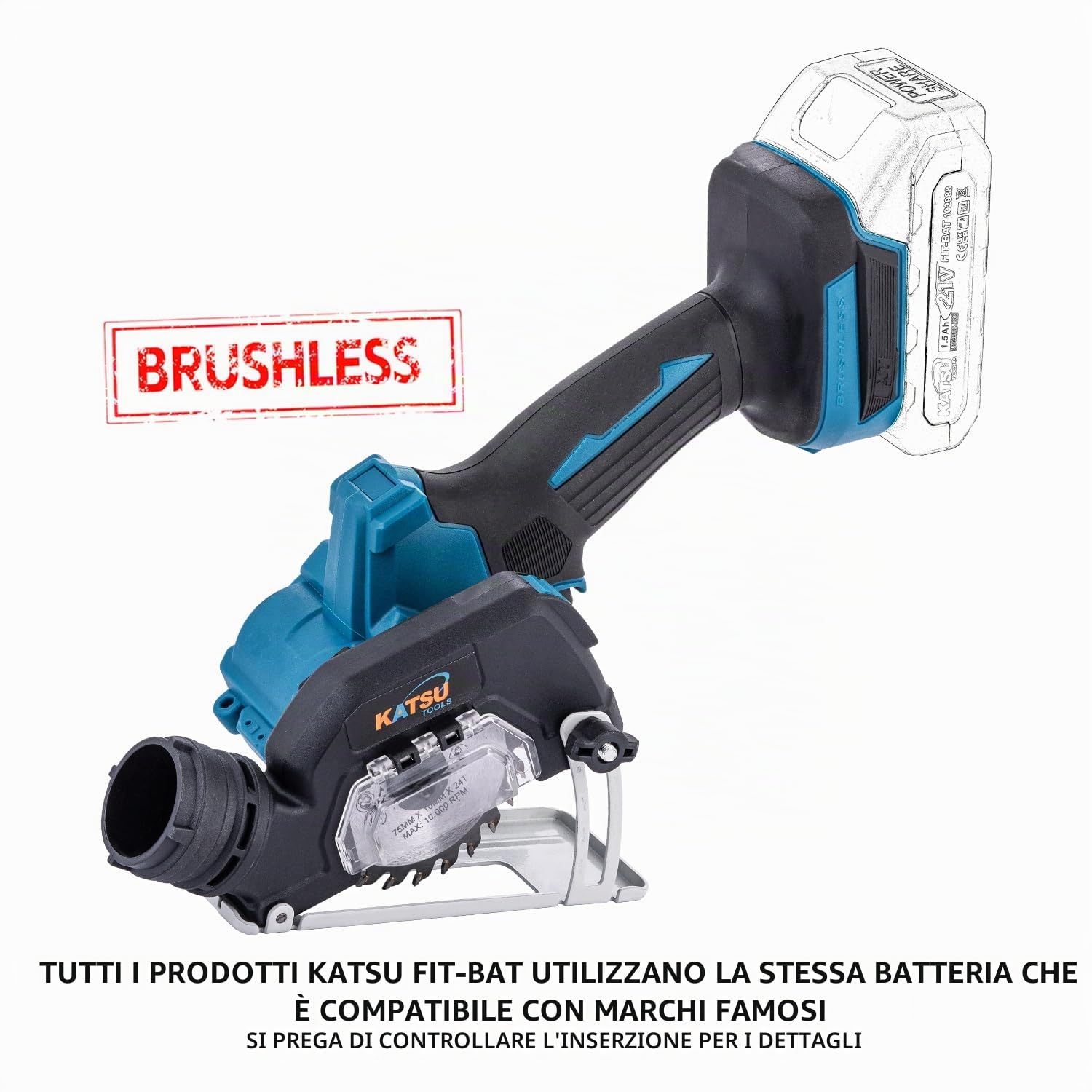 KATSU FIT-BAT Mini Smerigliatrice Angolare 3" Brushless a Batteria, Utensile da Taglio Compatto, 6 Lame Incluse, per Metallo, Legno, Piastrelle e Plastica, Senza Batteria e Caricatore