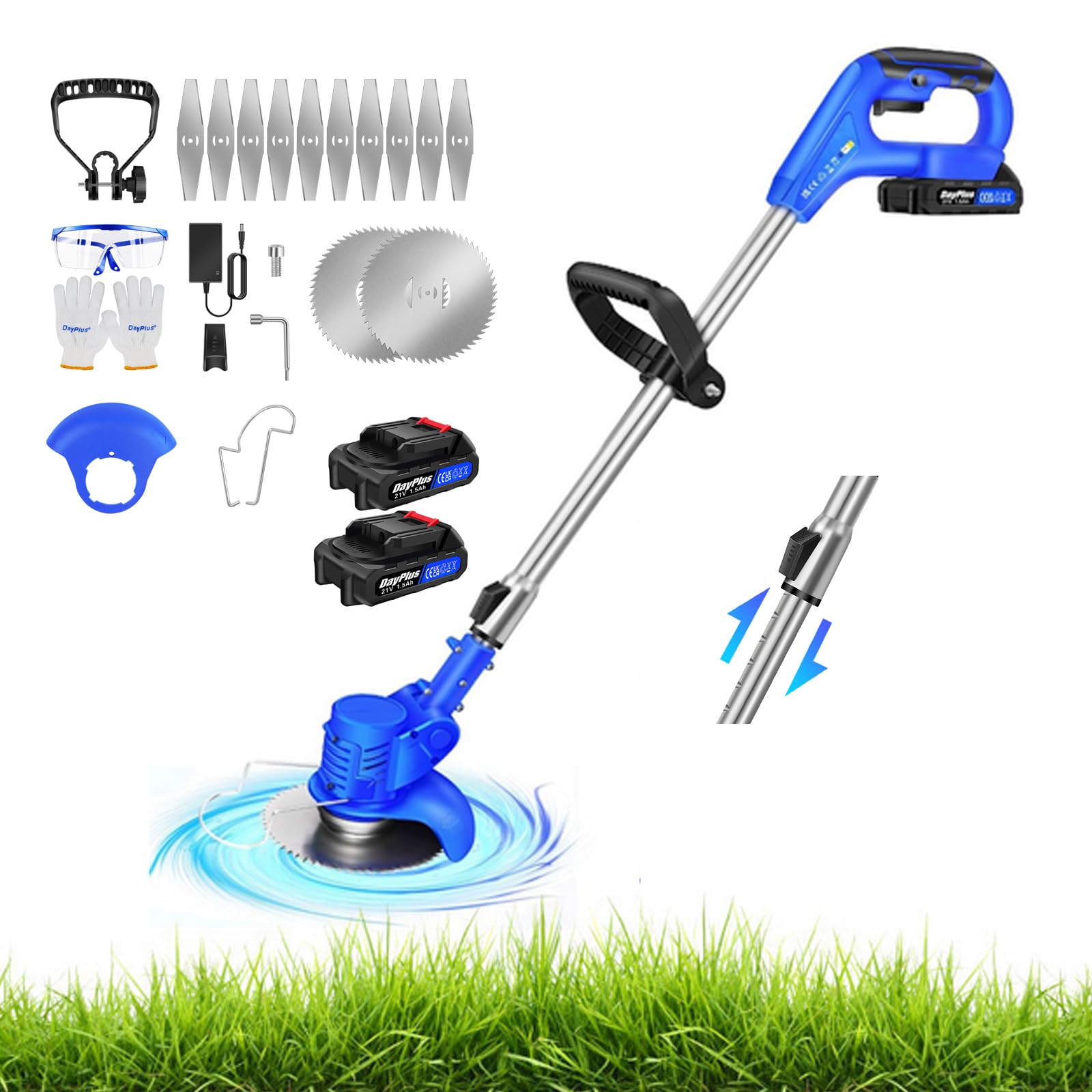Desbrozadora Eléctrica con Cuchilla De Metal De 21v, Desbrozadora Potente De 10000rpm con Batería Y Cargador, Desbrozadora Eléctrica Telescópica con 24cm De Diámetro De Corte, Batería De 2 * 1500mAh