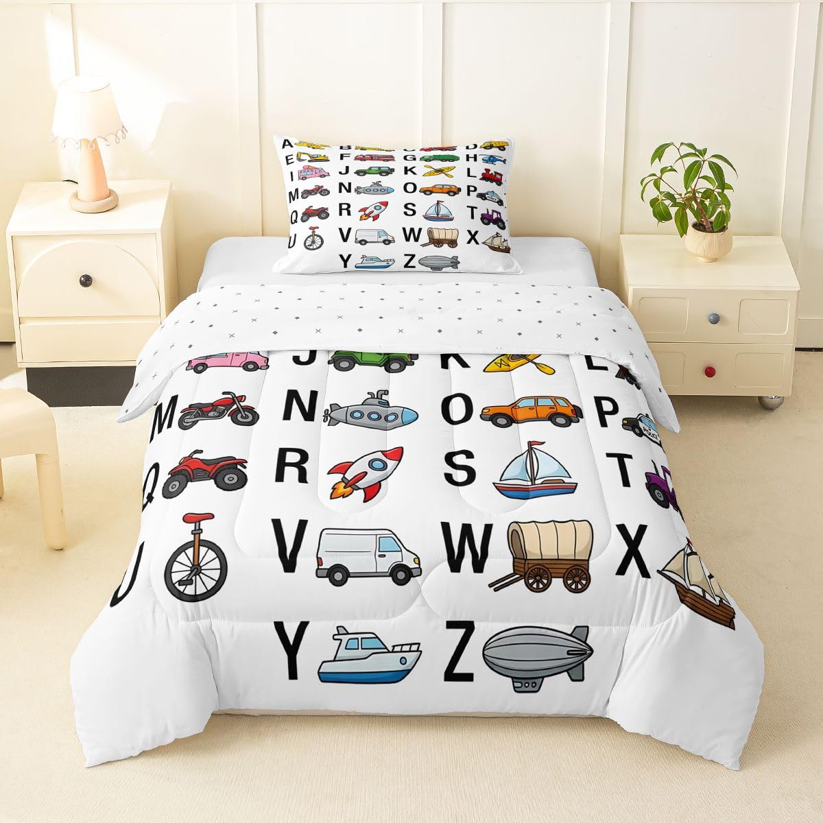 Feelyou Excavator Kids Comforter Fire Truck Police Car Boys Comforter Set Helicopter Motorcycle Ambulance Toddler Bedding Set Alphabet Vehicle Cars Quilt Set Decor with 1 Pillowcase 2Pcs Bedding Twin