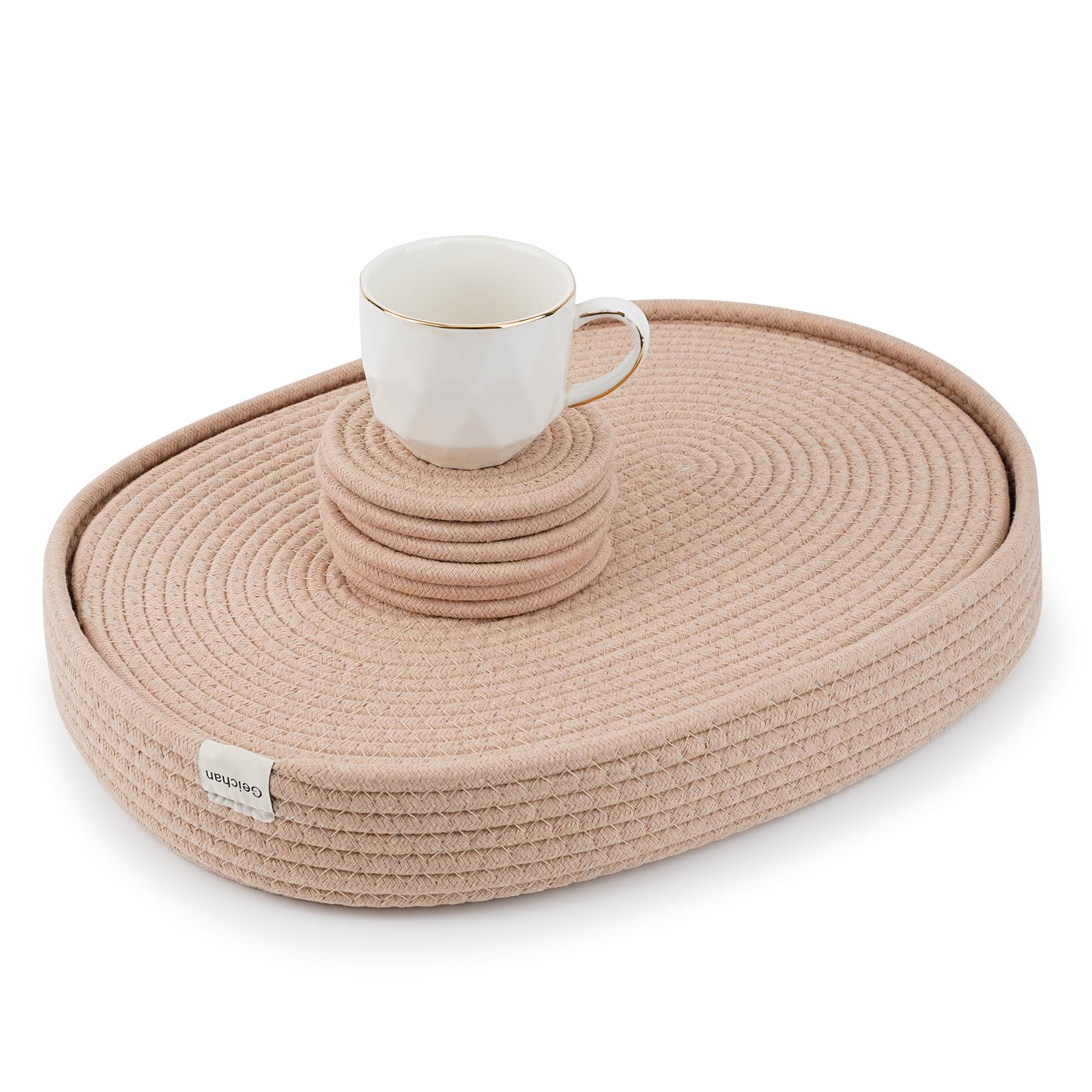 Handmade Boho Placemats Set of 6 Oval – Natural Woven Cotton Farmhouse Table Mats for Dining Table, Fall, Halloween, Thanksgiving, Christmas (Brown, Oval 16 * 12 With 6 Coasters)