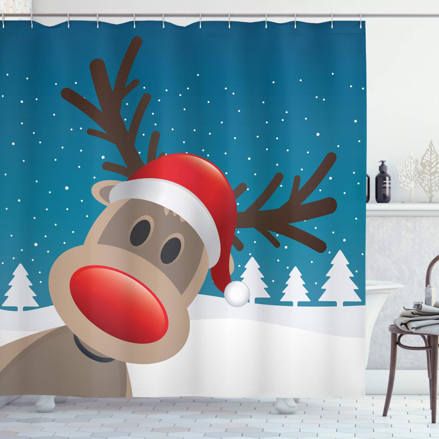 ABAKUHAUS Christmas Shower Curtain, Rudolph the Reindeer with Santa Hat Holiday Kids Themed Fun Cartoon, Cloth Fabric Bathroom Decor Set with Hooks, 94 Inches, Red Brown Navy