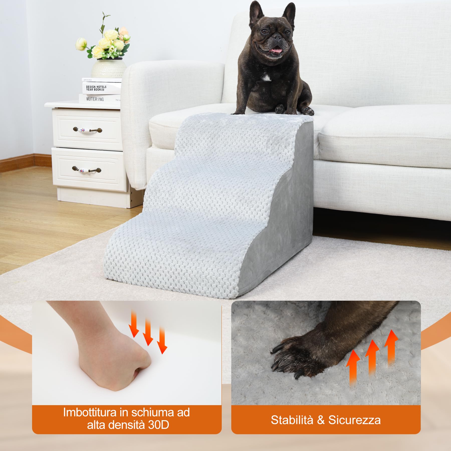 KSIIA Scaletta per Cani 3 Gradini 40 cm Antiscivolo - Rampa per Cani Copertura Rimovibile e Lavabile, Scala per Animali Domestici Accesso per Divano e Letto, Ideale per Cuccioli e Anziani, Grigio