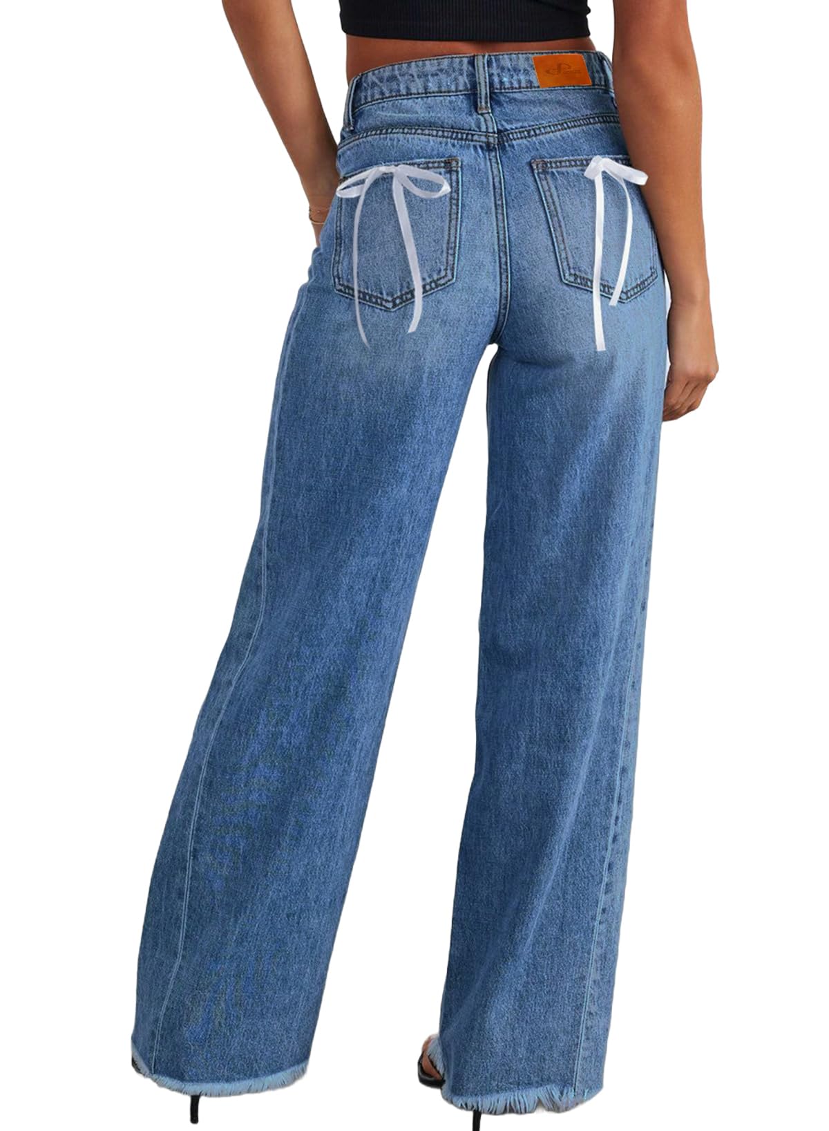 Sidefeel Women's Bowknot Wide Leg Jeans High Waisted Strechy Raw Hem Denim Pants