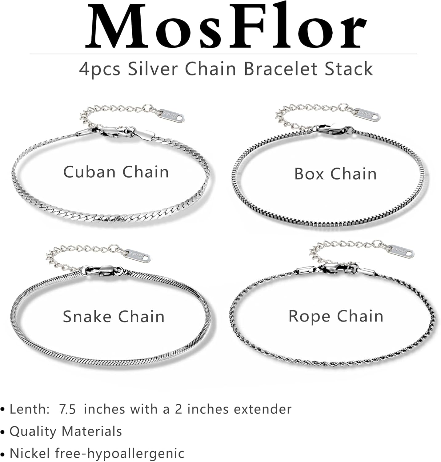 Silver Bracelet for Men Women, Mens Bracelet Stainless Steel Bracelet Stack Cuban Link Bracelet Silver Chain Bracelet Sets Mens Bracelet Pack Silver Jewelry Custom Bracelets for Men Jewelry - Image 5