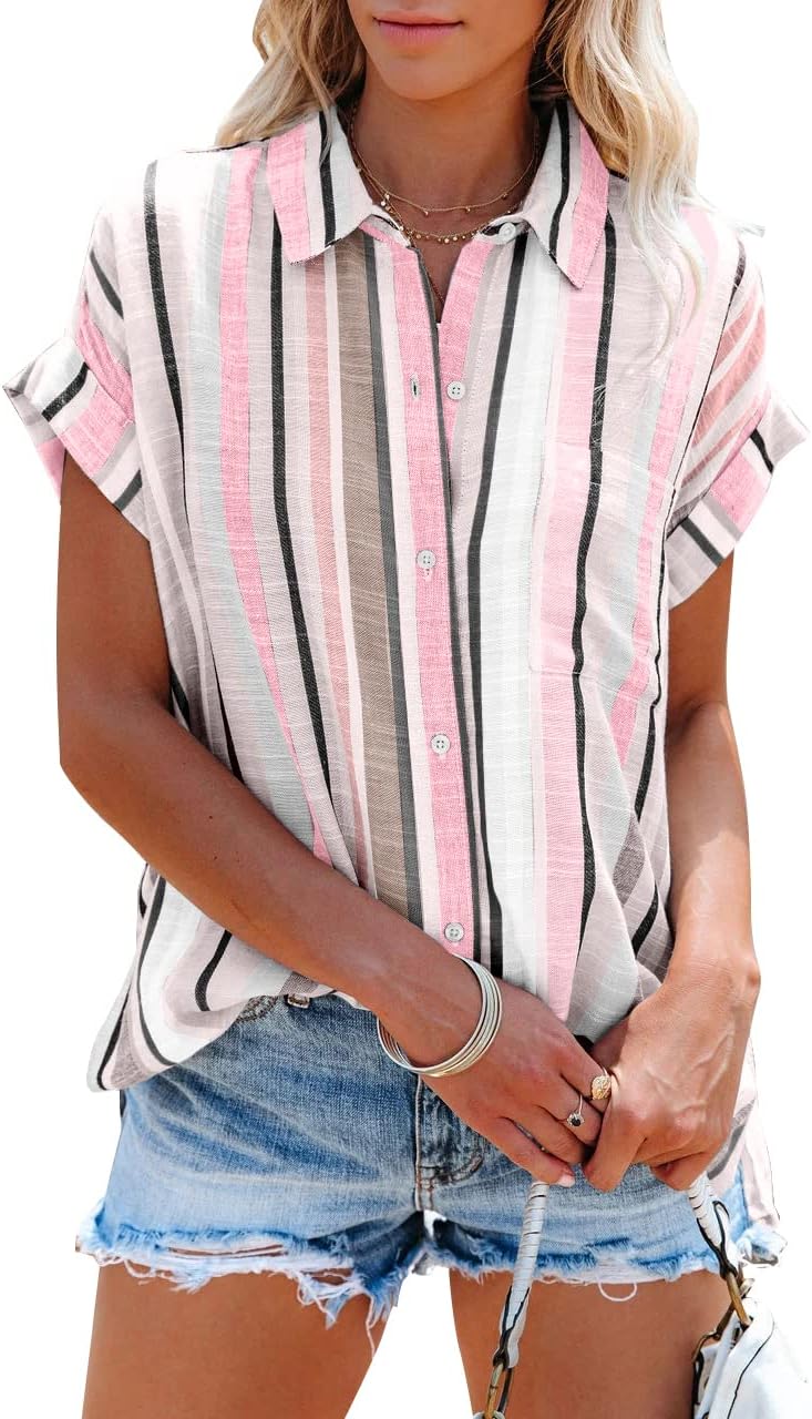 SySea Womens Short Sleeve Striped Shirts Casual Button Down V Neck Work Blouses Tops