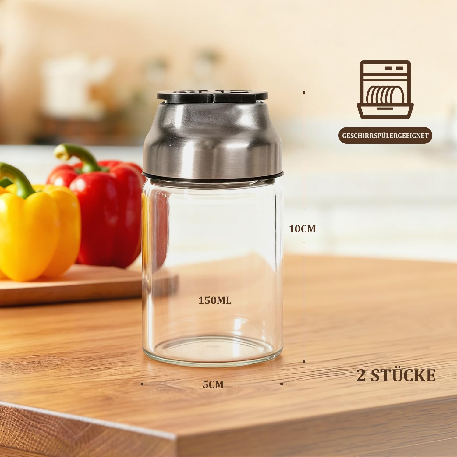 Aelga Juego de salero y pimentero de cristal 2 en 1 con tapa, bote de especias de 150 ml con agujeros para esparcir, dispensador de especias de vidrio borosilicato para cocina, barbacoa y accesorios