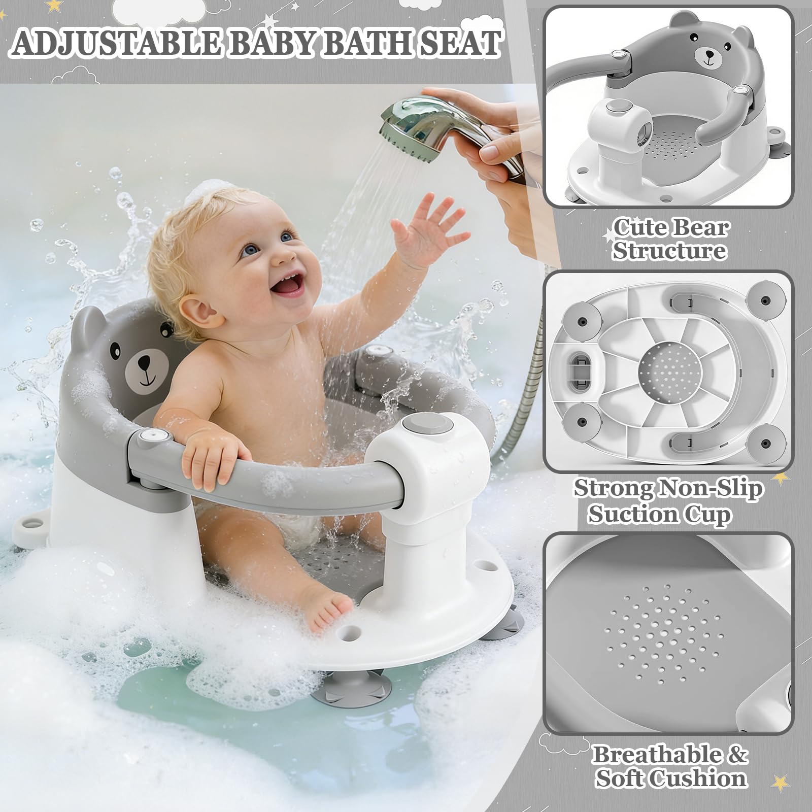Seggiolini Per Bagnetto, Seggiolino Doccia Neonato, Seggiolino Da Bagno Antiscivolo Per Bambini A Partire Da 6 Mesi, Protezione A 360°, Per Doccia O Vasca Da Bagno (Grigio)