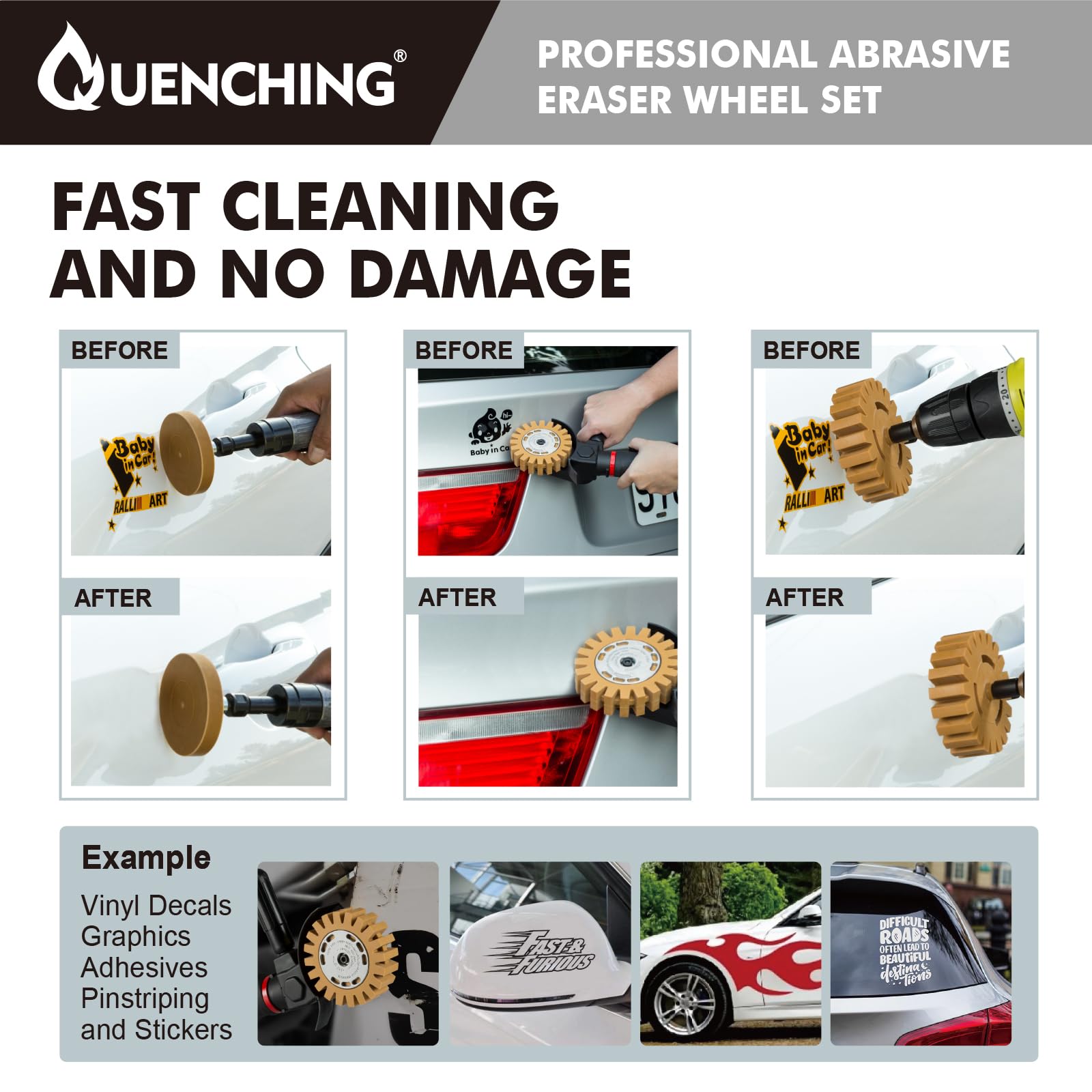 QUENCHING 2 unidades de rueda de goma para quitar calcomanías, quitar calcomanías de coche, vinilo y calcomanías en minutos, rueda de goma para taladro, emblema, removedor de pegamento para carrocería