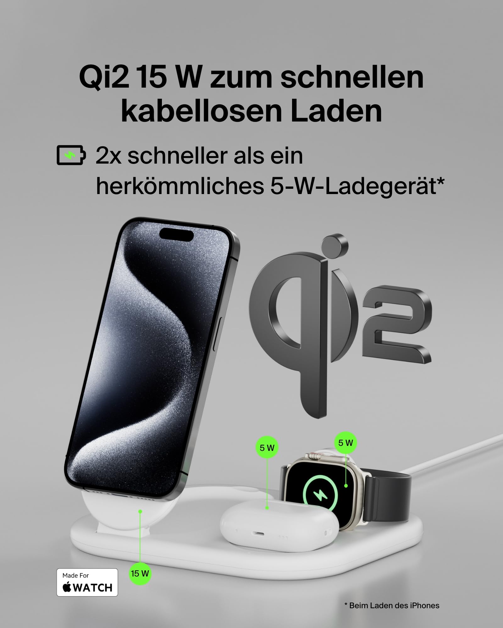 Belkin BoostCharge 3-in-1 Ladegerät, faltbar mit Qi2, 15W – Weiß | MagSafe Kompatible Induktive Ladestation für iPhone, Apple Watch und AirPods, Rutschfester Sockel, mit Kabel und 36W Netzteil