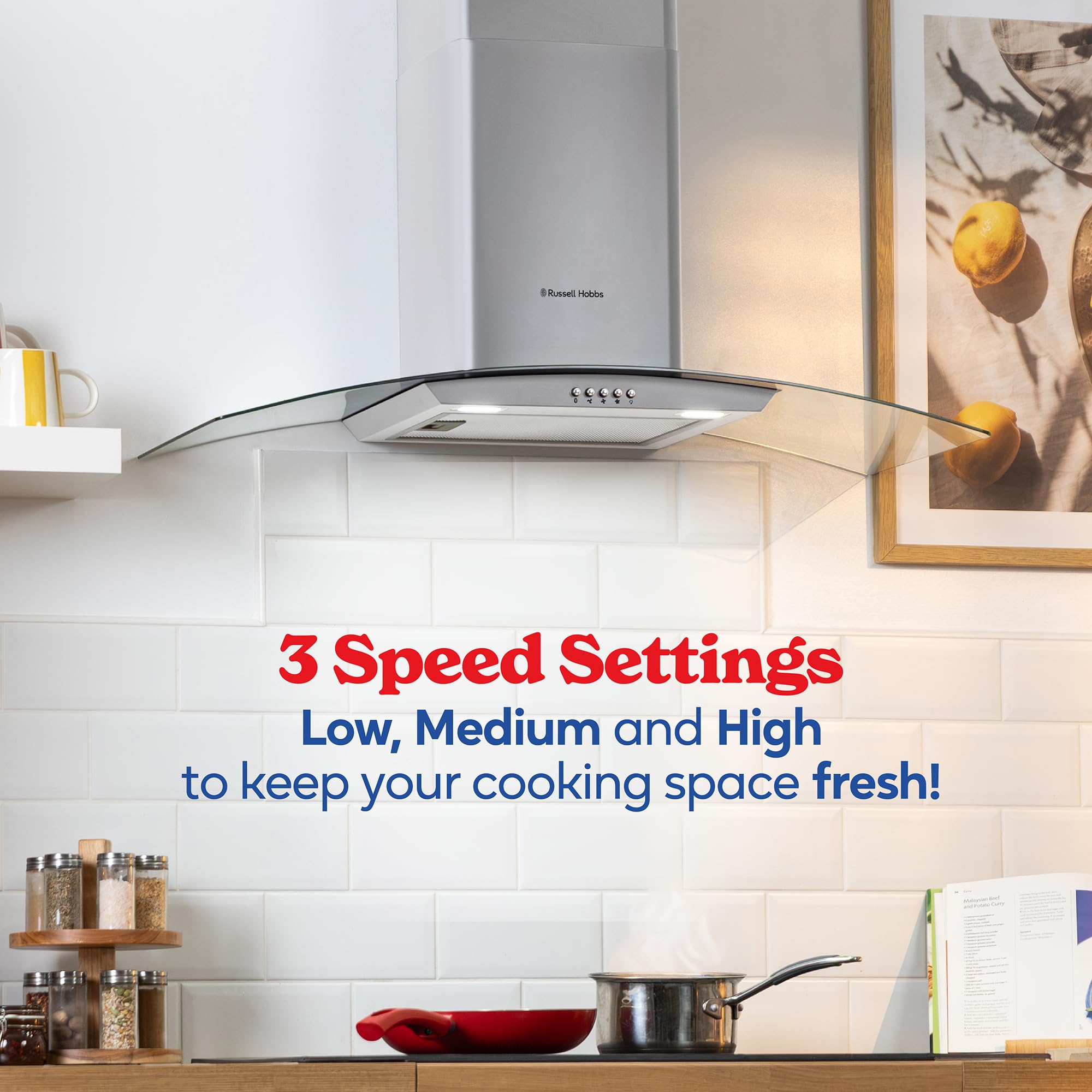 Russell Hobbs 90cm Curved Glass Cooker Hood in Stainless Steel with 3 Speed Settings, 1 x Carbon Filter, Extraction or Recirculation, 500m³/h Extraction Rate, A+ Energy Rating, RH90GCH92A1SS - 5