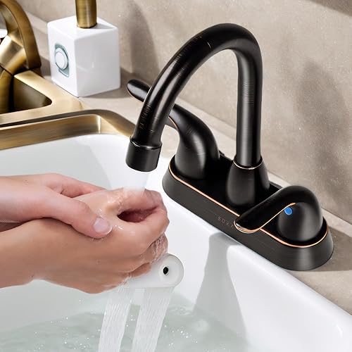 Miniatura 3 de Grifo de baño de acero inoxidable de bronce aceitado con tapón de drenaje de fregadero emergente y placa de cubierta, grifo de baño de 3 agujeros,