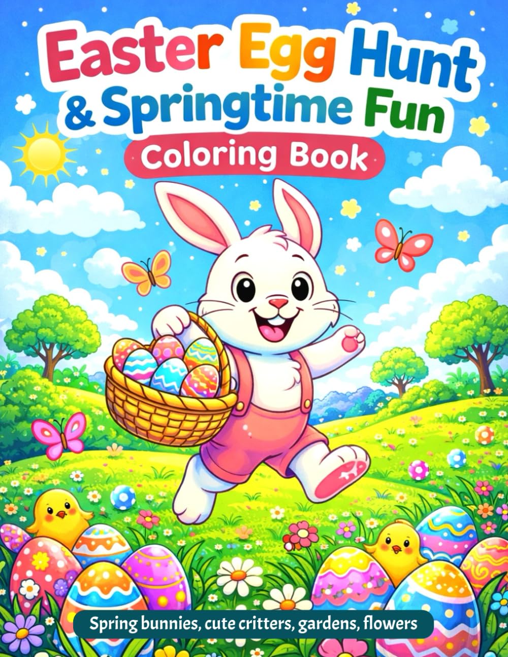EASTER EGG HUNT & SPRINGTIME FUN COLORING BOOK: Spring Bunnies, Cute Critters, Gardens, Flowers