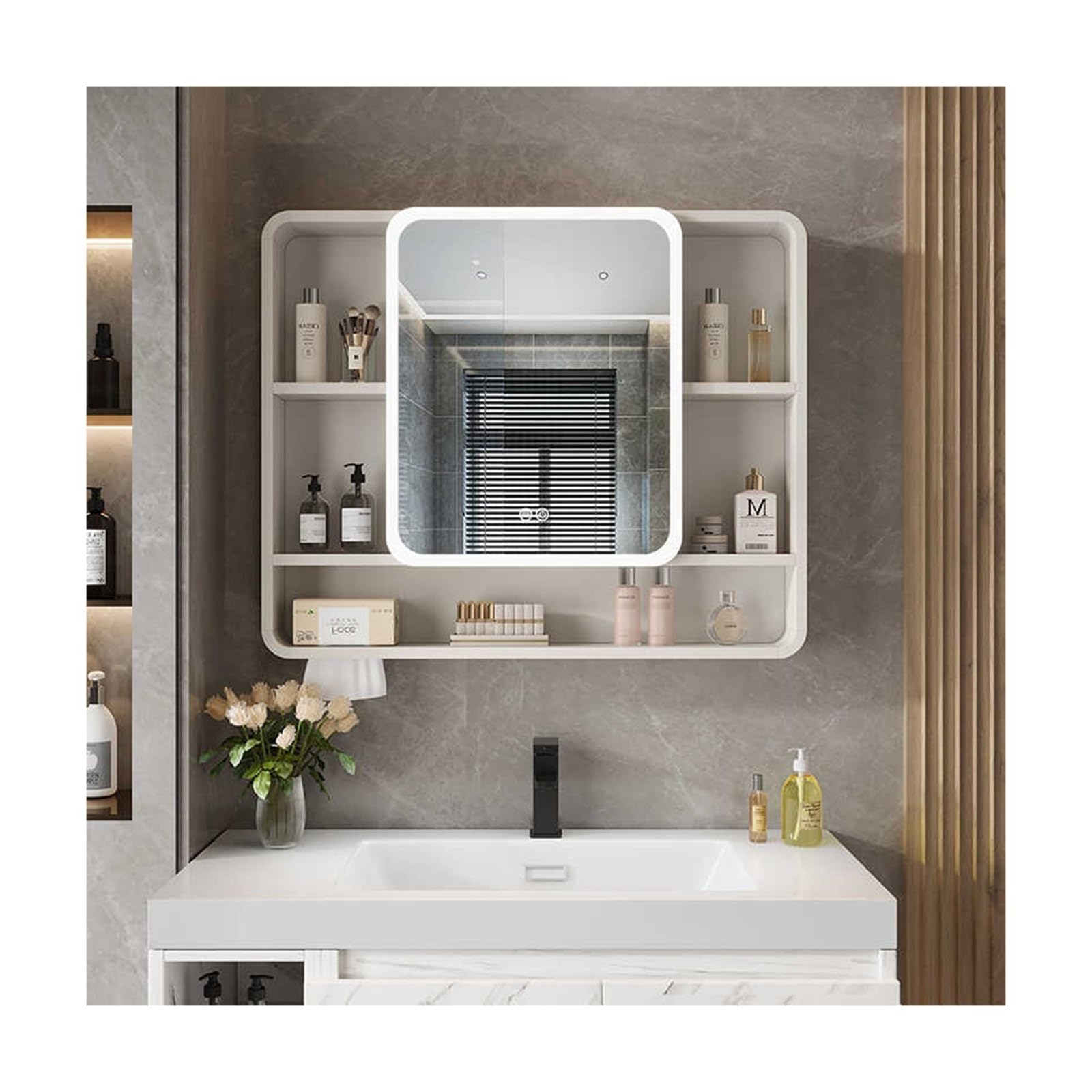 SXFSDOU Dimmable LED Bathroom Mirror Cabinet with Anti-Fog Function, Wall-Mounted Storage Cupboard, Modern Illuminated Shelf, White Finish, Stylish