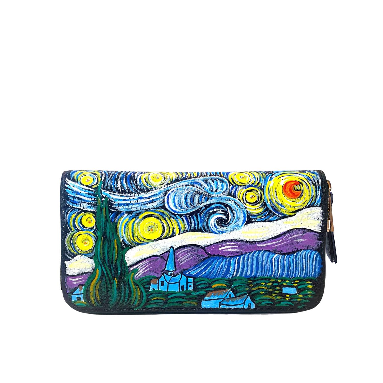 Arte Lisanti Portafoglio da donna in pelle dipinta a mano - LA NOTTE STELLATA QUADRO FAMOSO - Portafogli Donna, Made in Italy, chiusura con cerniera, porta carte credito, Lavorazione Artigianale