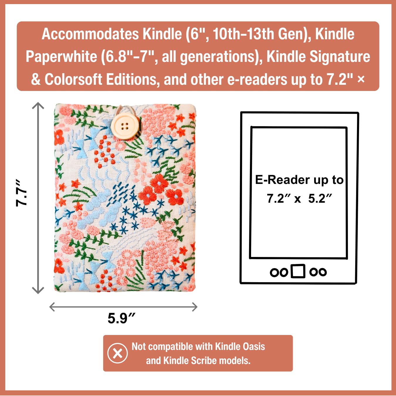Custodia per Kindle - Cover floreale ricamata per Paperwhite/Basic (15,2 cm) e Signature (17,8 cm), con imbottitura in cotone, chiusura a bottone, accessorio, 19,8 x 15,9 cm, motivo floreale beige