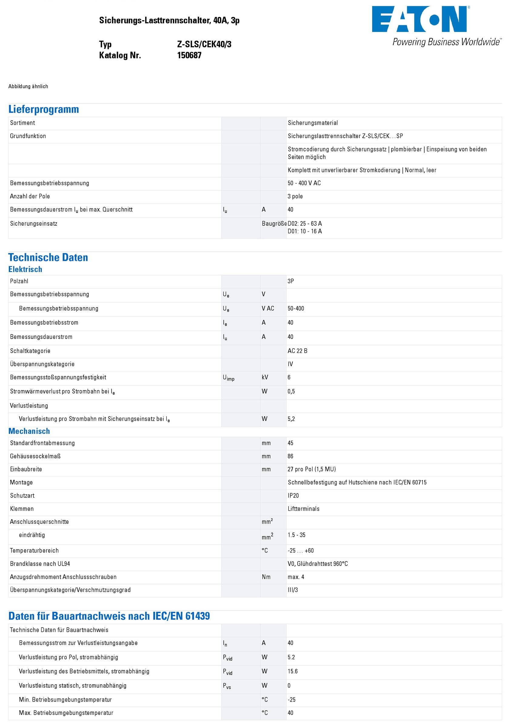 Eaton Z-SLS/CEK40/3 Sicherungslasttrennschalter 40A 400V 3P 3-polig Sicherungs-Lasttrennschalter (150687)