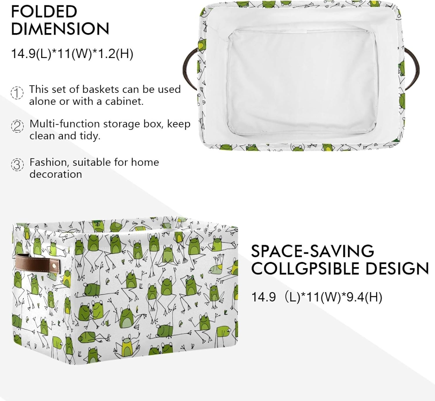 susiyo Large Foldable Storage Bin Funny Frogs Fabric Storage Baskets Collapsible Decorative Baskets Organizing Basket Bin with PU Handles for Shelves Home Closet Bedroom Living Room-2Pack