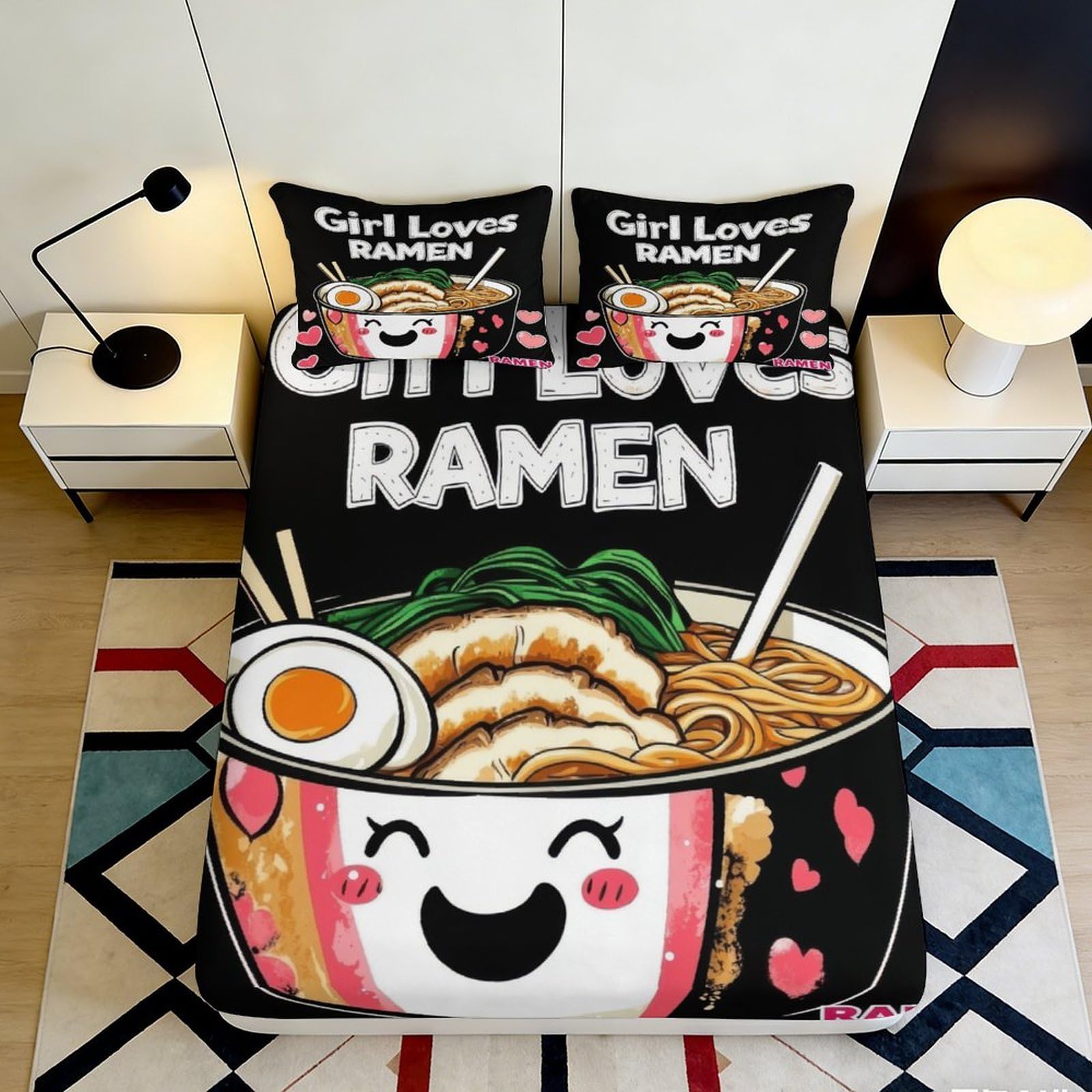 3D Printed Cute Ramen Bowl Fitted Sheet Microfiber Anti-Slip Girl Loves Noodles Bed Cover for Bedroom Dorm Protection 120x200x25cm
