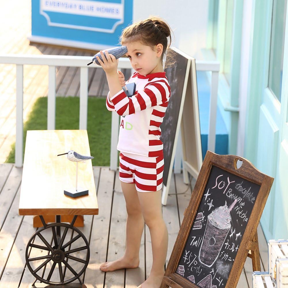 Vivobiniya Kids Swimsuit Toddler Girl Bathing Suit with Cap Red Stripe 3-7
