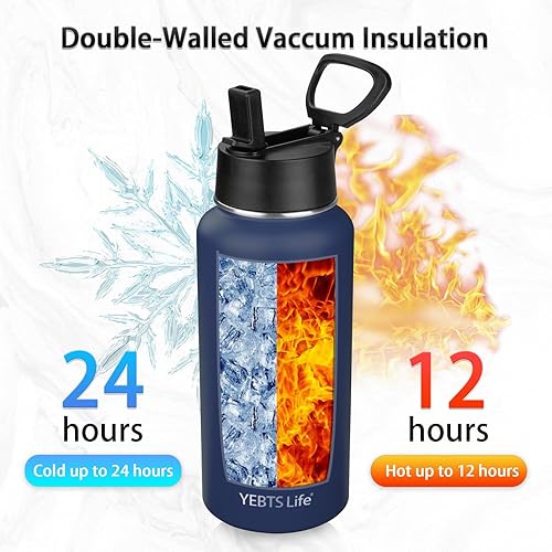 Miniatura 5 de Botella de agua aislada con popote, botella de agua deportiva de acero inoxidable aislada al vacío de 32 onzas, mantiene el frío y el calor, botella