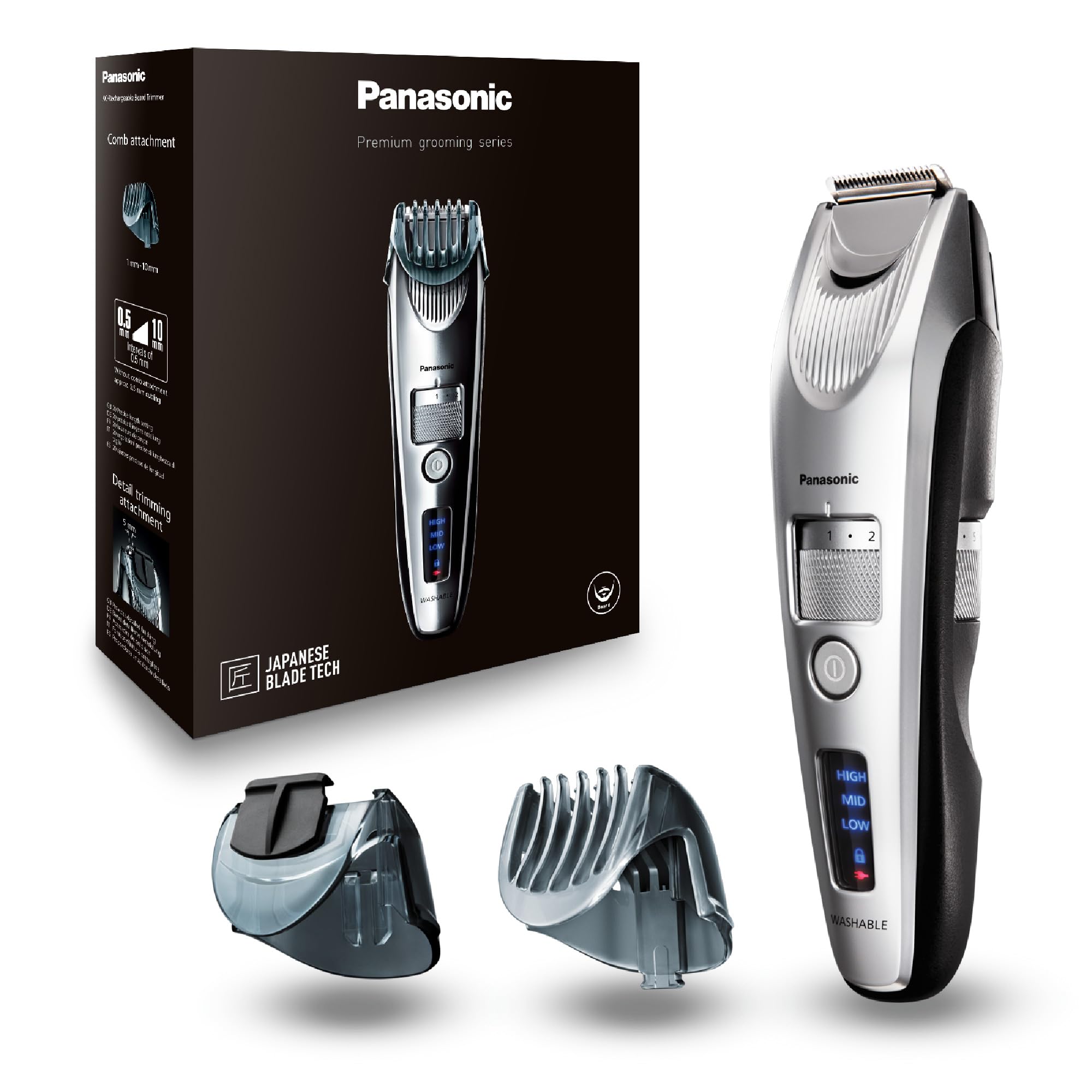 Panasonic ER-SB60-S803 Bartschneider für Männer, tragbare, wasserdichte Haarschneidemaschine, 20 Längen, 2 Aufsätze, Präzisions-Trimmer, kabelloser & kabelgebundener Betrieb, Ladestation, Silber