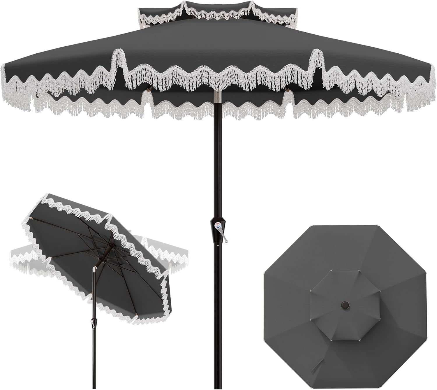 AreShark 9FT Patio Umbrella with Fringe, Wind-Resistant Fiberglass 8 Ribs Tassel Outdoor Umbrella with Crank and Push Button Tilt, Double Tier Vent Sun Shade for Pool, Deck, Backyard, Gray