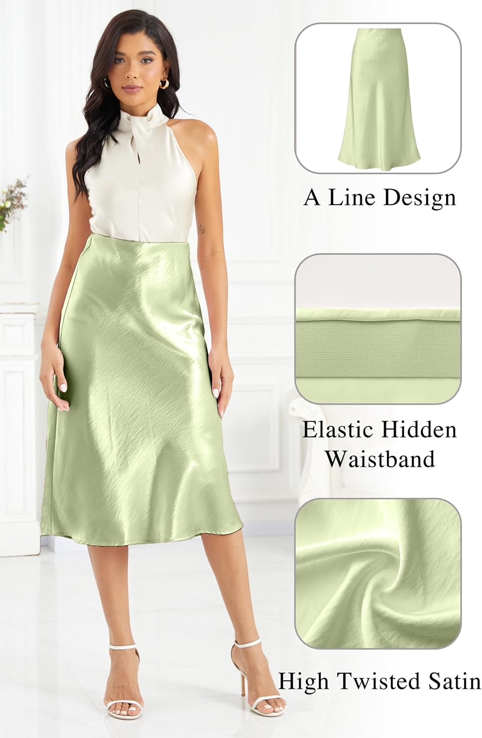 ALCEA ROSEA Womens Satin High Waisted Silk A-line Wedding Elegant Elastic Midi Maxi Skirt - Image 4