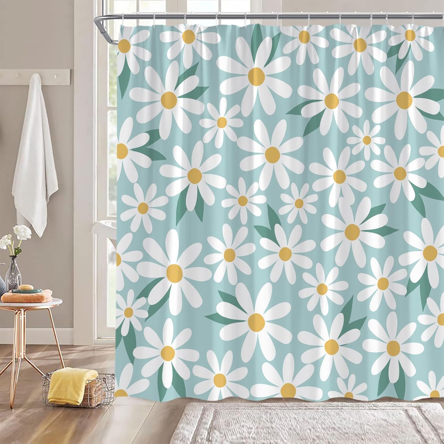Blue Shower Curtain 78" Wx70 H,Cute Daisy Floral Flower Modern Aesthetic Girly Fabric Bathroom Decor Curtains with Hooks,