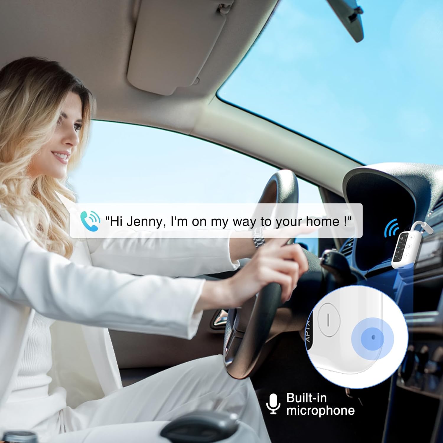 A woman driving a car, using the 1Mii SafeFly Dot connected to the car's audio system for hands-free calling via its built-in microphone.