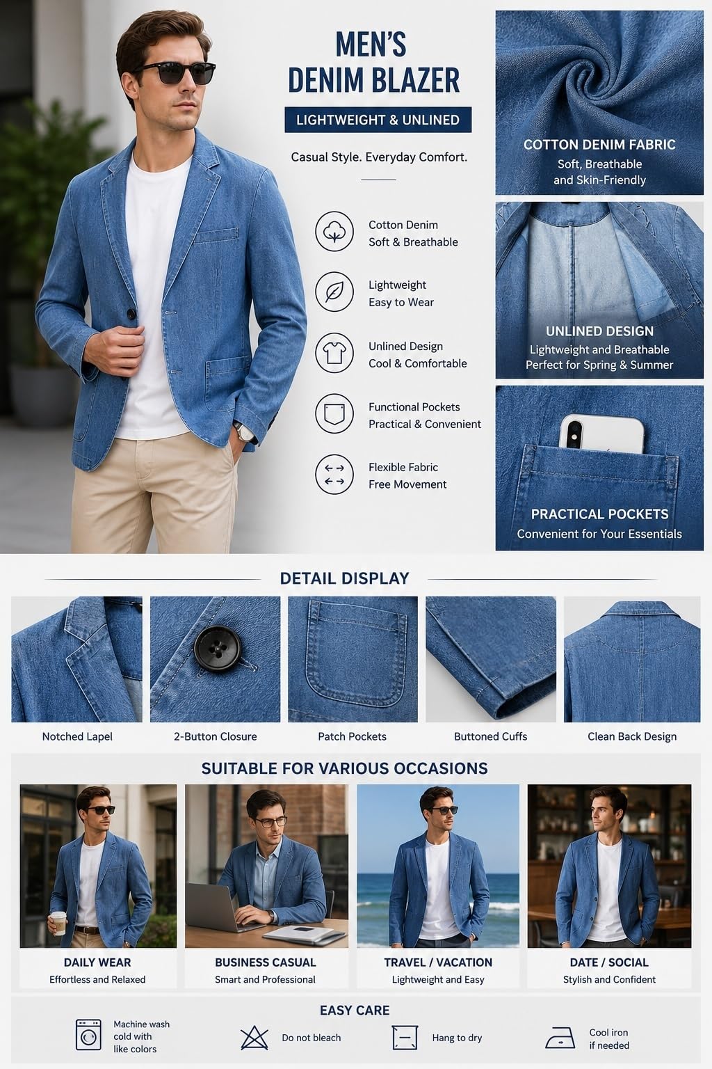 Blazer da Uomo in Denim Sfoderato Leggero Casual Sportivo Taglie dalla M alla 6XL Blazer da Uomo Taglie Forti Giacca Estiva con Due Bottoni Ideale per Viaggi Ufficio E Uso Quotidiano.