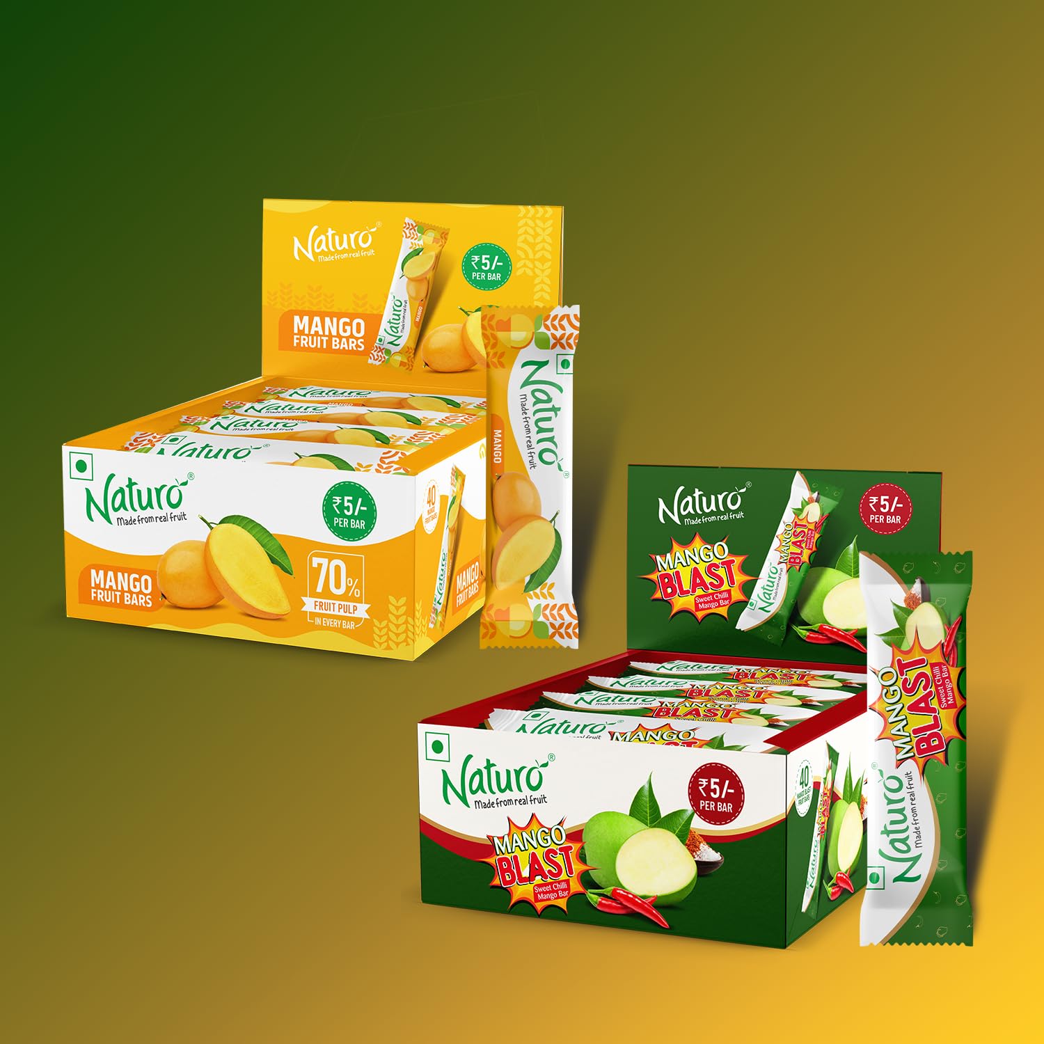 Naturo Mango Blast Fruit Bar - Sweet Chilli Fruit Bars | Mango Fruit Bars Dispenser | Spicy & Sweet Snack | Travel Pack | Fun Fruit Snacks | 40 Bars Dispenser x 2 Packs | Gifting & On-the-Go Treat