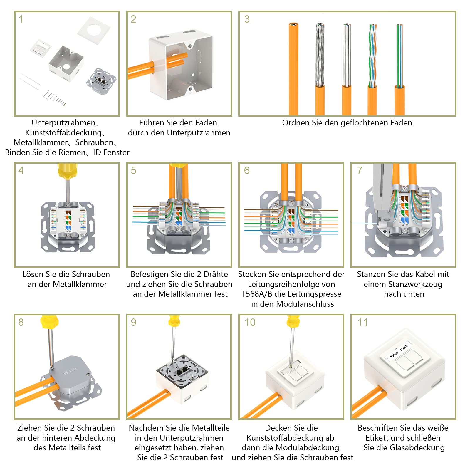 VCELINK Netzwerk Werkzeug Set mit RJ45 Crimpzange, 20 x RJ45 Stecker Cat7/Cat6a Pass Through, Netzwerktester, LSA & Abisolierzange, Stofftasche sowie 1 Stück CAT6A Netzwerkdose mit 2 RJ45 Ports