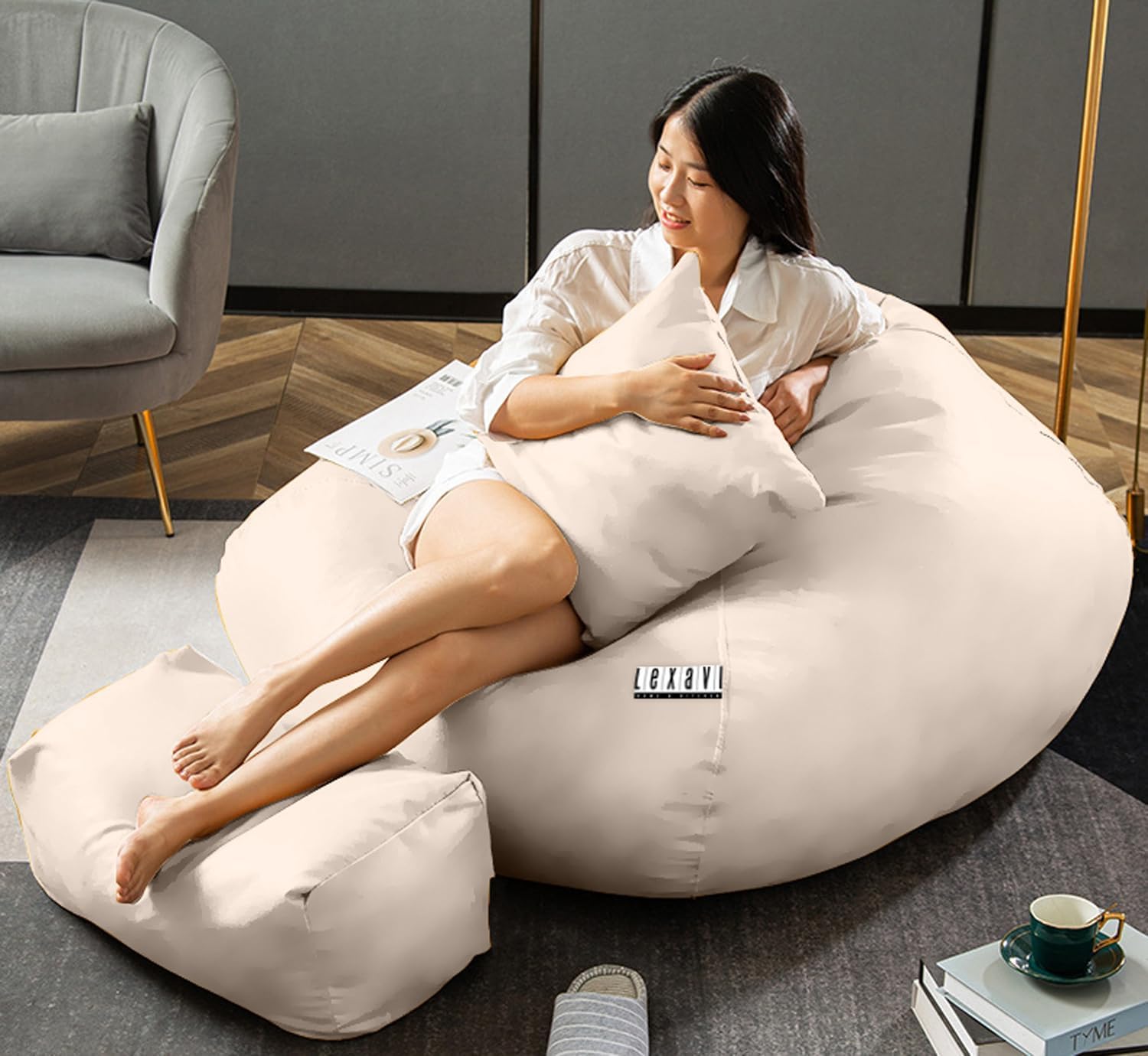 LEXAVI Brand® - Premium Imported Soft OXFORD Leather Bean Bag with Rectangular Extra Comfortable Footrest & Comfy Cushion with Beans Filled I Bean Bag Chair (Ready to Use) Color- (XXXL-CREAM)