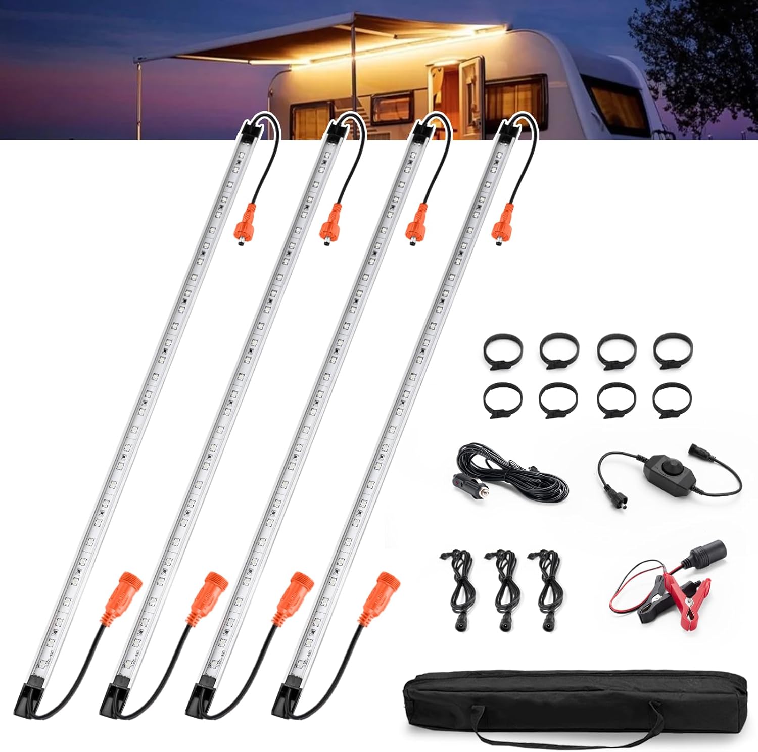 FIERYRED 12V Interior Light Bar Kit, Dimmable Camping Lights, Weatherproof IP67, Aluminum Magnetic Mount with Dimmer Switch, Portable Lights for Camping Tent Awning RV Car Trailer Boat (4 Pcs, Amber)
