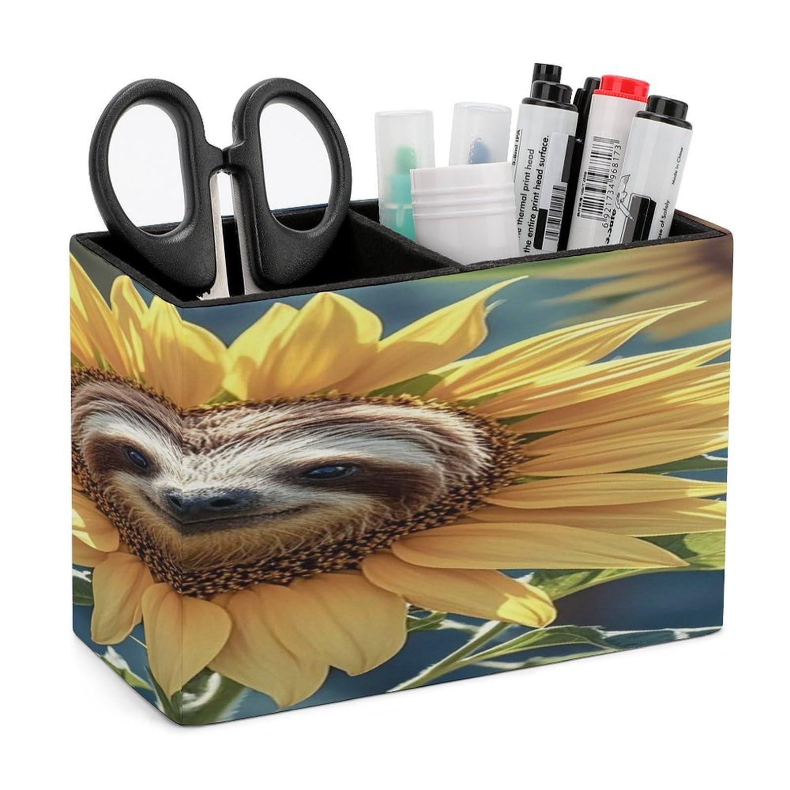LZQPOEAS Sloth Sunflower Leather Pen Holder with 2 Compartments Luxury Pencil Holder Minimalist Pencil Cup Brush Scissor Holders Elegant Pen Cup for Office Home Desk Accessories
