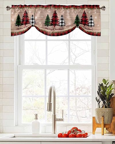 Miniatura 4 de Cenefas de ventana con diseño de árbol de Navidad, diseño de búfalo, para cocina, sala de estar, dormitorio, baño, lavable, copos de nieve rojos y