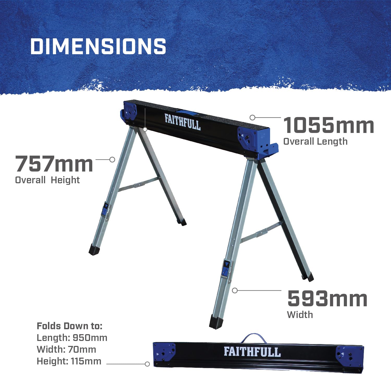Faithfull Chevalet de sciage pliable – Lot de 2 chevalet de sciage en acier de haute qualité avec capacité de 1000 kg, surface antidérapante, supports amovibles, bras de support et poignée de