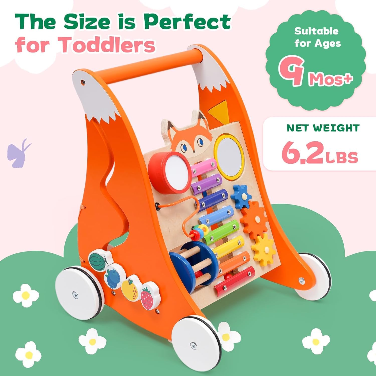 Trotteur Bébé,Chariot de Marche en wood ouet Enfant 1 an-Jouet en Bois avec Musique et trieur de Formes,Jouet Multifonction Montessori,Chariot de Marche en Bois,Cadeau pour Garçons et Filles