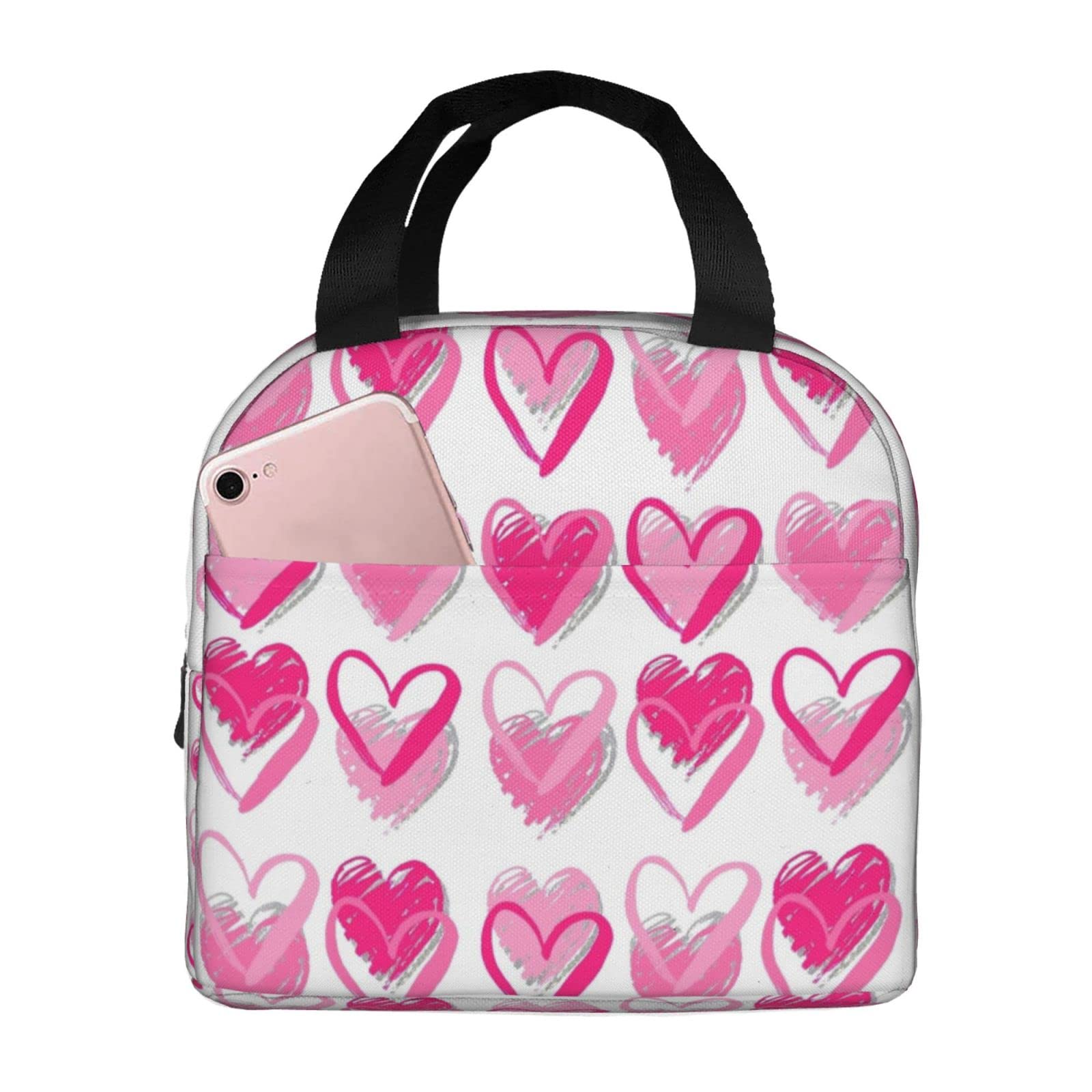 Pink Hearts Insulated Lunch Bag For Women Men Reusable Durable Waterproof Lunch Box Thermal Cooler Tote Bag For Work School Travel Picnic