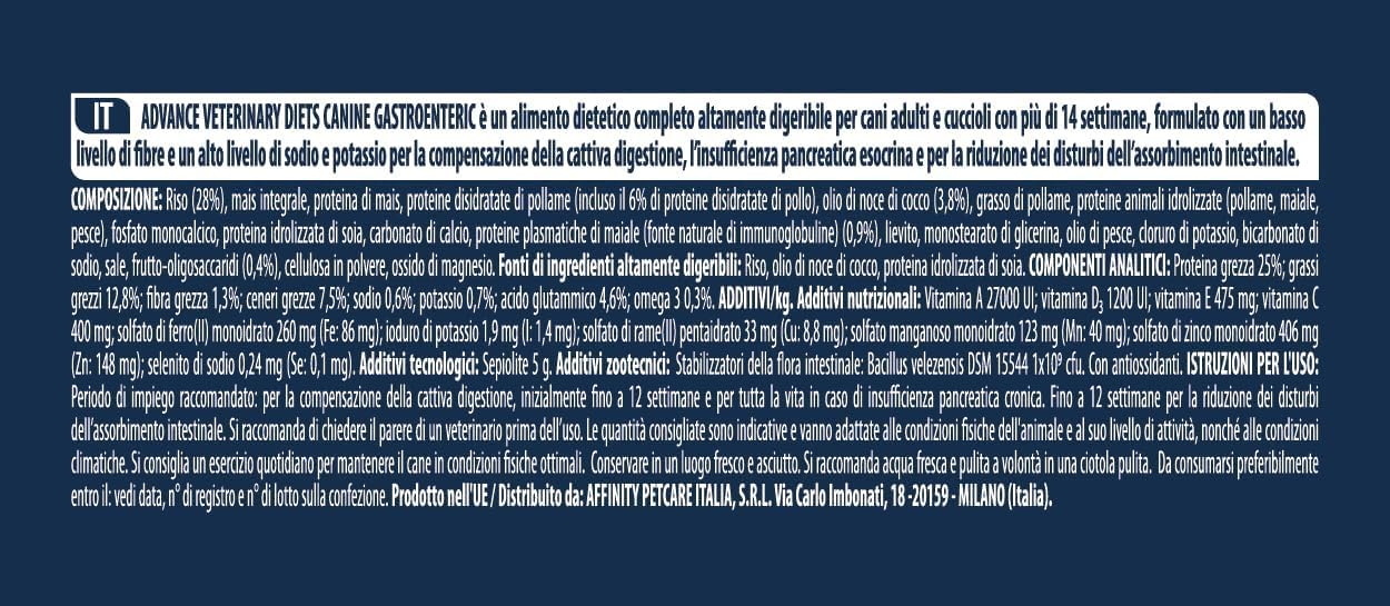 Advance Veterinary Diets Gastroenteric Crocchette Cane 3 kg, Alimento Gastrointestinale con Pollo e Riso, Alta Digeribilità, Riduce Feci Molli in 24h, Con Prebiotici, Per Adulti e Cuccioli