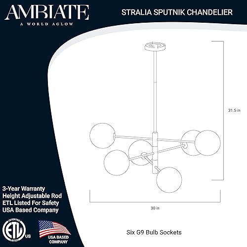Miniatura 2 de Stralia Lámpara de araña, acabado negro, pantallas de globo de vidrio ahumado, diseño Sputnik, altura ajustable, seis enchufes G9 (15 W máximo),