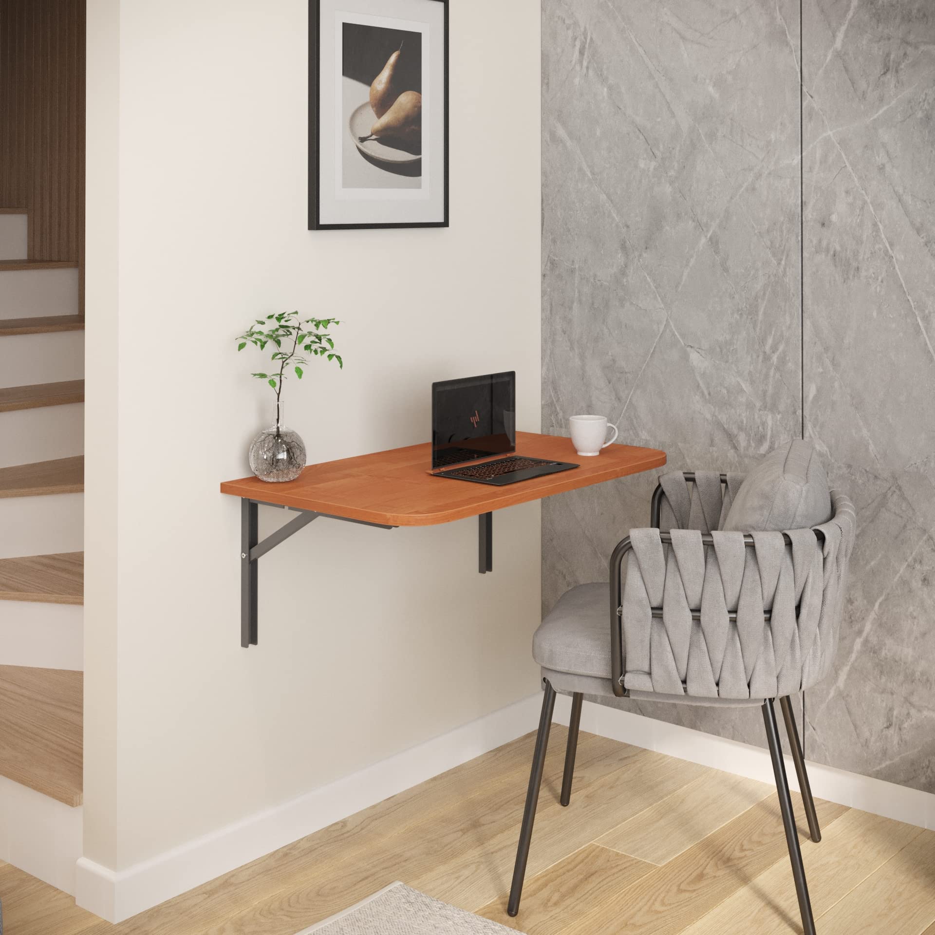AKKE Table Murale Rabattable avec Coins Arrondis - Table Pliante Gain de Place 18mm - Cuisine Bureau et Chambre d'enfant - Plateau Robuste avec Bordure PVC 2mm 70x40 cm Aulne.
