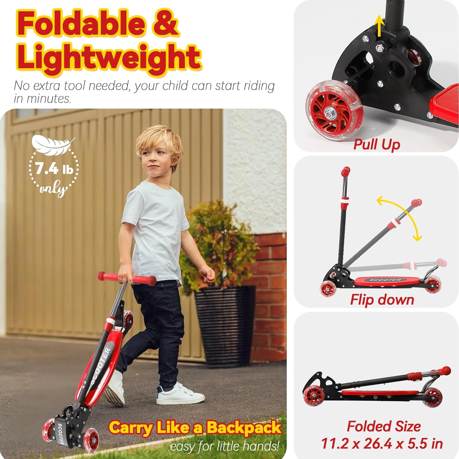 Scooter for Kids Ages 3-5, LED Light Up 3 Wheel Toddler Scooter with 4 Adjustable Heights, Lean-to-Steer Wheels, Safe Metal Brake, Foldable Kick Scooter for Boys Girls, Support 120 lbs, Birthday Gift