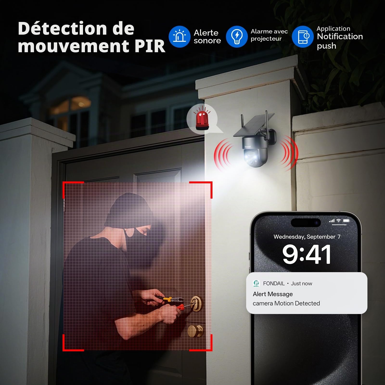 LITYMOL Caméras de sécurité WiFi 2K 2,4 g sans fil pour l'extérieur, vue à 360 °, caméras solaires pour la sécurité de la maison, vision nocturne en couleur, détection de mouvement, audio