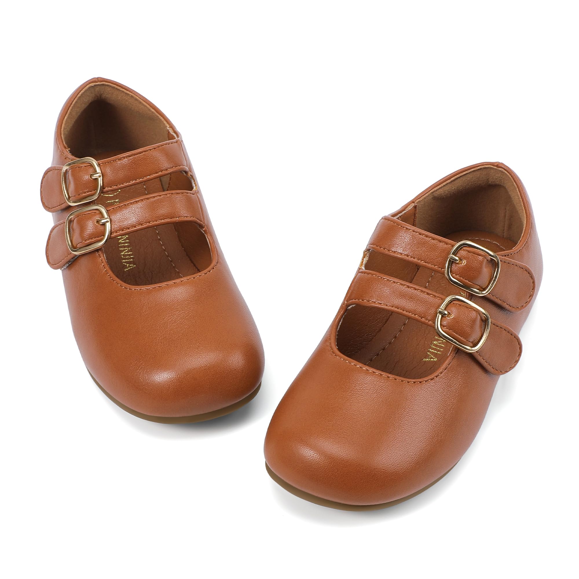 PANDANINJIA Toddler Girl Dress Shoes Mary Jane Flats Little Kid Brown Pu Flower Girl School Church Size 9 Shoes