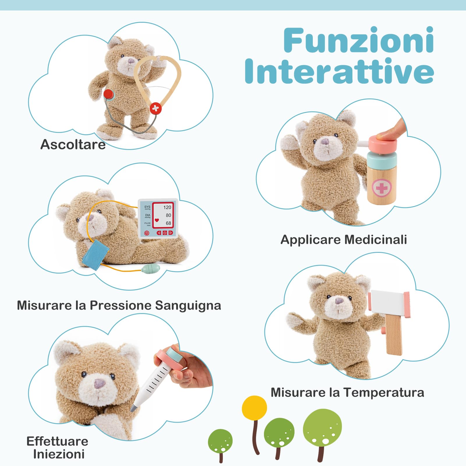 RELAX4LIFE Set da Gioco Dottore in Legno, Attrezzo Medico Giocattolo con Tetoscopio, Tabella Oculistica e Monitor ECG, Giocattolo Educativo per Bambini 3+ Anni (Blu)