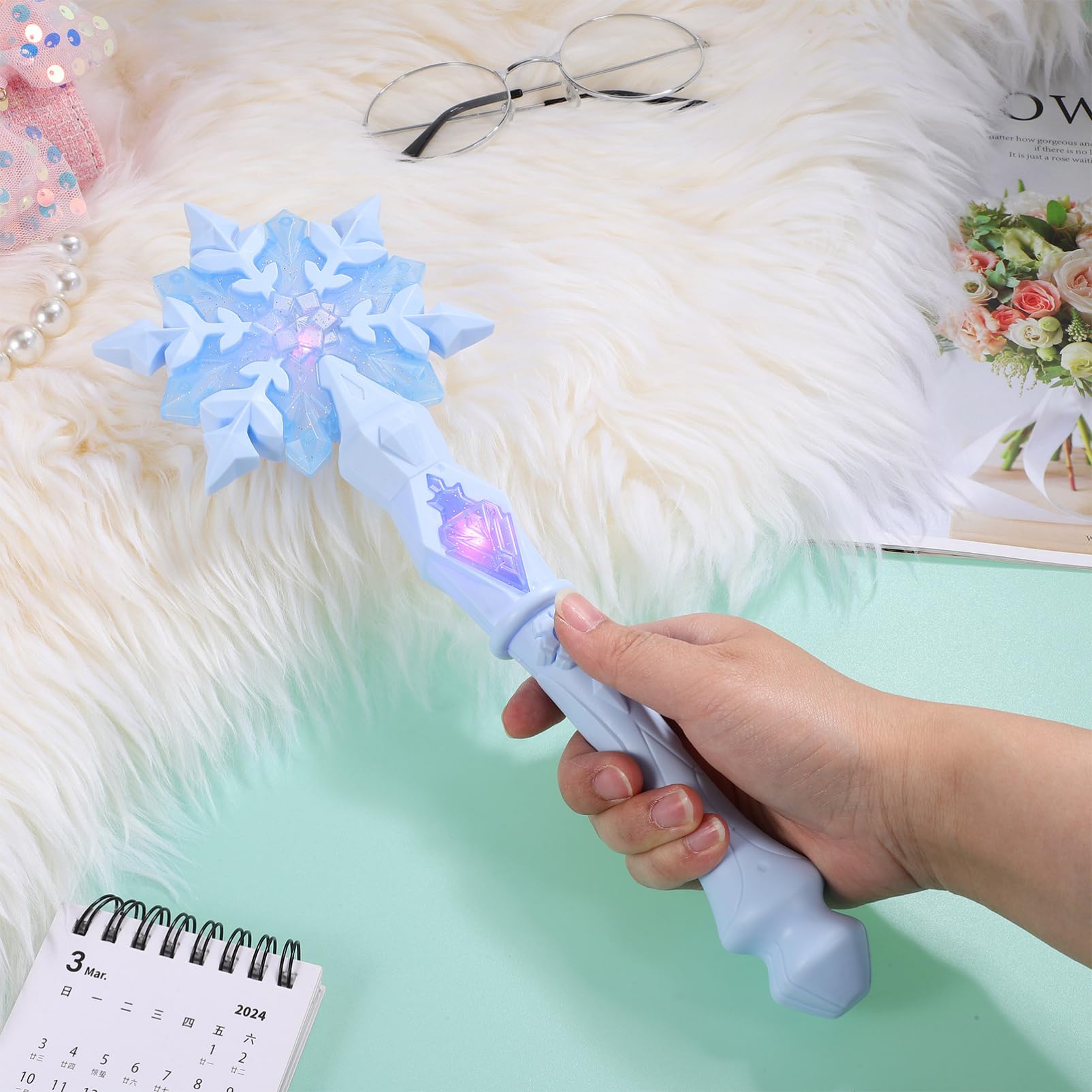 BESPORTBLE Bacchetta magica regalo per bambini con luce, musica e fiocchi di neve – bacchetta luminosa per ragazze 3-10 anni, bacchetta magica principessa per compleanno, cosplay e feste