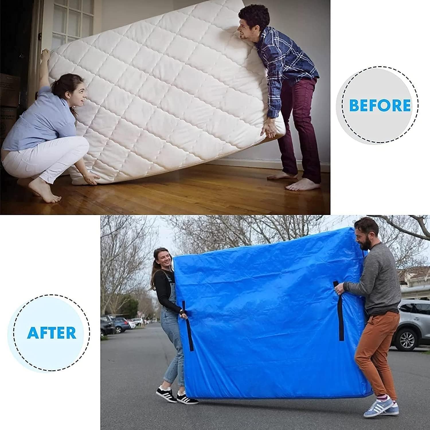 Mattress Bags for Moving, Reusable Heavy Duty Tarp Waterproof Mattress Storage Bag, Zippered Mattress Protector with 8 Strong Carrying Handles to Prevent Rips(82 x 57 x 15'')