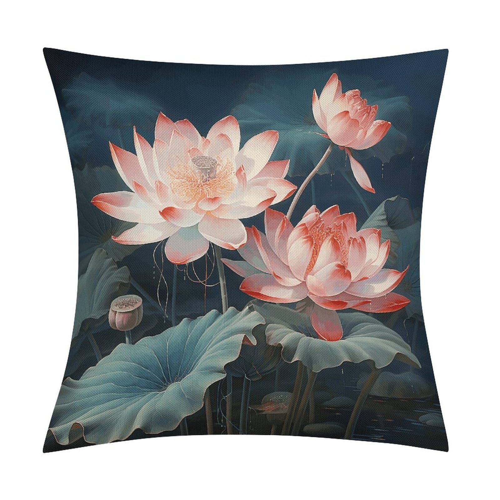 Fodpand Style Dragonfly And Lotus Pillow Covers 18X18 Inch, Pillow Cases Boho Farmhouse, Throw Pillow Covers For Couch Sofa Bed Spring Home Decor