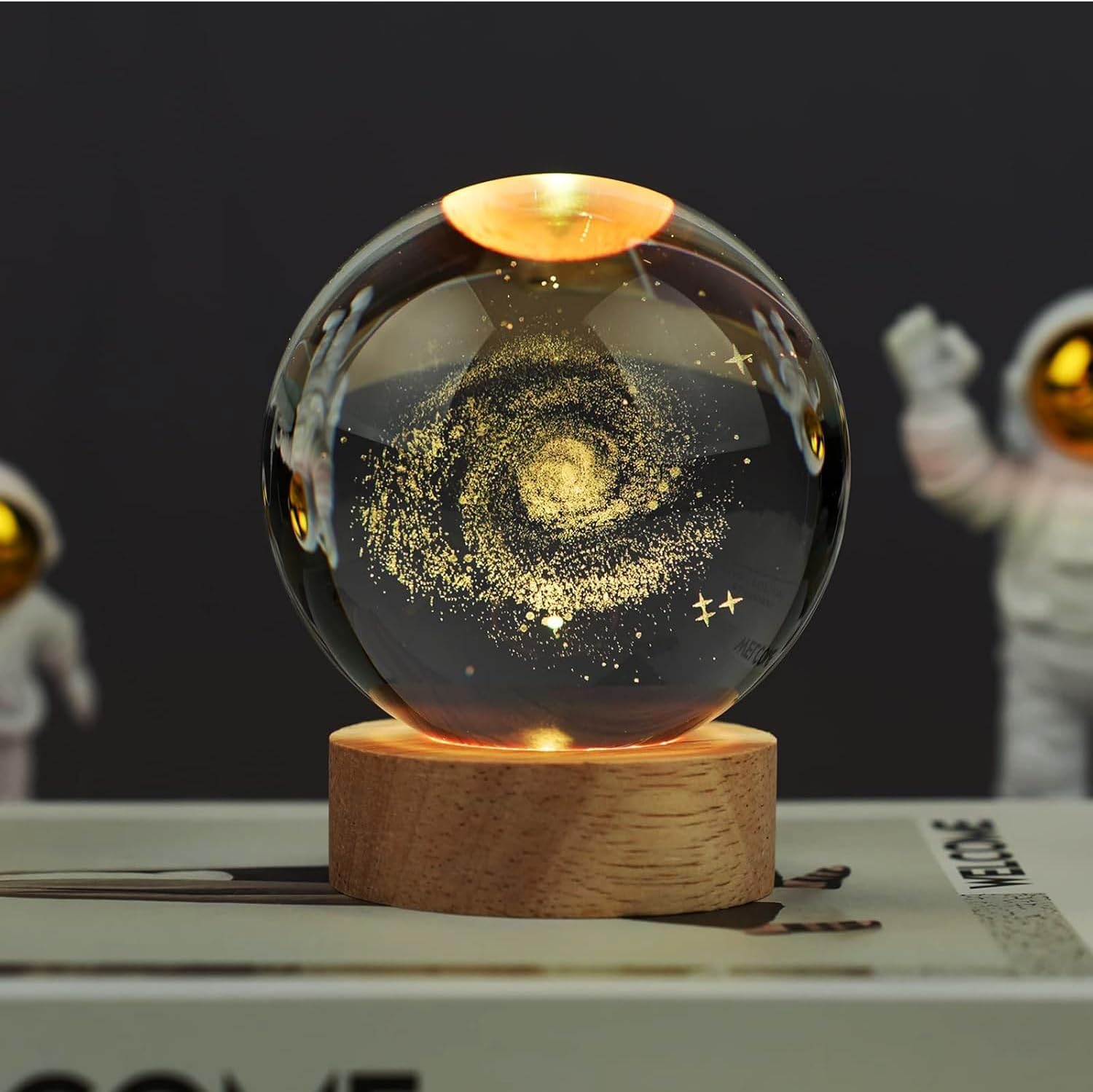 GIGAWATTS 3D Milkyway Galaxy Crystal Ball Night Light USB Table LED Lamp Home Decor Lights with Wooden Base for Home Office Kids Teens (Pack of 1, Warm White)